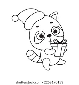 Coloring page cute little raccoon carries gift box. Coloring book for kids. Educational activity for preschool years kids and toddlers with cute animal. Vector stock illustration