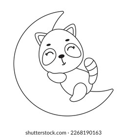 Coloring page cute little raccoon sleeping on moon. Coloring book for kids. Educational activity for preschool years kids and toddlers with cute animal. Vector stock illustration