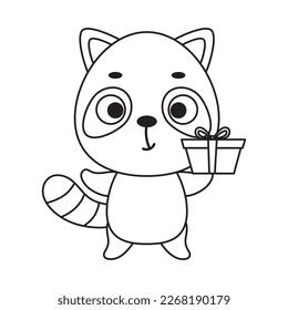 Coloring page cute little raccoon with gift box. Coloring book for kids. Educational activity for preschool years kids and toddlers with cute animal. Vector stock illustration