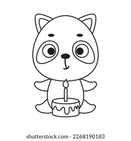 Coloring page cute little raccoon with birthday cake. Coloring book for kids. Educational activity for preschool years kids and toddlers with cute animal. Vector stock illustration