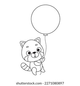 Coloring page cute little red panda flies on balloon. Coloring book for kids. Educational activity for preschool years kids and toddlers with cute animal. Vector stock illustration
