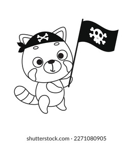Coloring page cute little red panda with pirate flag. Coloring book for kids. Educational activity for preschool years kids and toddlers with cute animal. Vector stock illustration