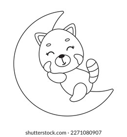 Coloring page cute little red panda sleeping on moon. Coloring book for kids. Educational activity for preschool years kids and toddlers with cute animal. Vector stock illustration