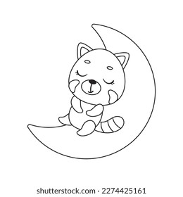 Coloring page cute little red panda sleeping on moon. Coloring book for kids. Educational activity for preschool years kids and toddlers with cute animal. Vector stock illustration