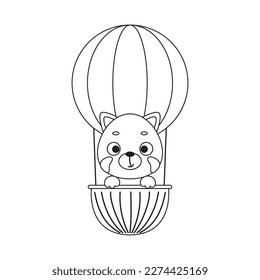 Coloring page cute little red panda flying on hot air balloon. Coloring book for kids. Educational activity for preschool years kids and toddlers with cute animal. Vector stock illustration