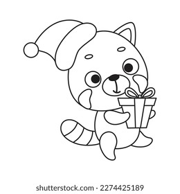 Coloring page cute little red panda carries gift box. Coloring book for kids. Educational activity for preschool years kids and toddlers with cute animal. Vector stock illustration