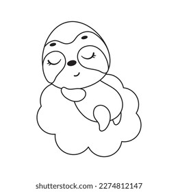 Coloring page cute little sloth sleeping on cloud. Coloring book for kids. Educational activity for preschool years kids and toddlers with cute animal. Vector stock illustration