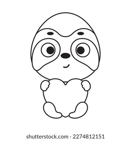 Coloring page cute little sloth holds heart. Coloring book for kids. Educational activity for preschool years kids and toddlers with cute animal. Vector stock illustration