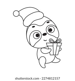 Coloring page cute little sloth carries gift box. Coloring book for kids. Educational activity for preschool years kids and toddlers with cute animal. Vector stock illustration