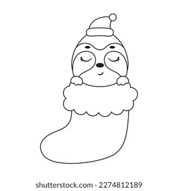 Coloring page cute little sloth in Christmas sock. Coloring book for kids. Educational activity for preschool years kids and toddlers with cute animal. Vector stock illustration