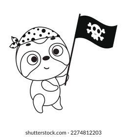 Coloring page cute little sloth with pirate flag. Coloring book for kids. Educational activity for preschool years kids and toddlers with cute animal. Vector stock illustration