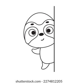 Coloring page cute little sloth peeking around corner. Coloring book for kids. Educational activity for preschool years kids and toddlers with cute animal. Vector stock illustration