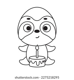Coloring page cute little sloth with birthday cake. Coloring book for kids. Educational activity for preschool years kids and toddlers with cute animal. Vector stock illustration