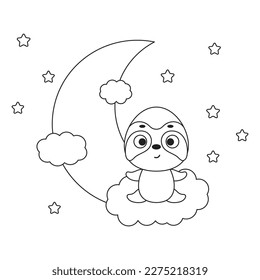 Coloring page cute little sloth sitting on cloud. Coloring book for kids. Educational activity for preschool years kids and toddlers with cute animal. Vector stock illustration