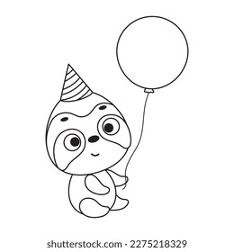 Coloring page cute little sloth in birthday hat hold balloon. Coloring book for kids. Educational activity for preschool years kids and toddlers with cute animal. Vector stock illustration