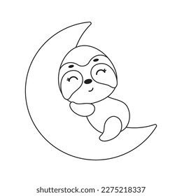Coloring page cute little sloth sleeping on moon. Coloring book for kids. Educational activity for preschool years kids and toddlers with cute animal. Vector stock illustration