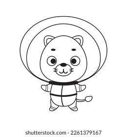 La página de color adorable pequeño león espacial. Libro de colorear para niños. Actividad educativa para niños de edad preescolar y niños pequeños con animales lindos. Ilustración de material vectorial