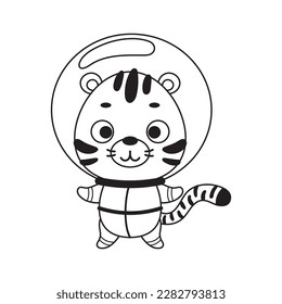 Coloring page cute little spaceman tiger. Coloring book for kids. Educational activity for preschool years kids and toddlers with cute animal. Vector stock illustration