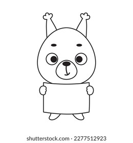 Coloring page cute little squirrel holds paper sheet. Coloring book for kids. Educational activity for preschool years kids and toddlers with cute animal. Vector stock illustration