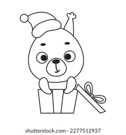 Coloring page cute little squirrel sitting in gift box. Coloring book for kids. Educational activity for preschool years kids and toddlers with cute animal. Vector stock illustration