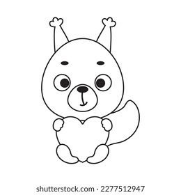 Coloring page cute little squirrel holds heart. Coloring book for kids. Educational activity for preschool years kids and toddlers with cute animal. Vector stock illustration