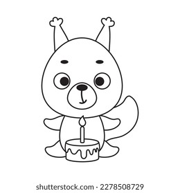 Coloring page cute little squirrel with birthday cake. Coloring book for kids. Educational activity for preschool years kids and toddlers with cute animal. Vector stock illustration