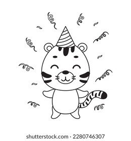 Coloring page cute little tiger in birthday hat. Coloring book for kids. Educational activity for preschool years kids and toddlers with cute animal. Vector stock illustration