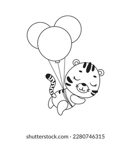 Coloring page cute little tiger flying on balloons. Coloring book for kids. Educational activity for preschool years kids and toddlers with cute animal. Vector stock illustration