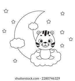 Coloring page cute little tiger sitting on cloud. Coloring book for kids. Educational activity for preschool years kids and toddlers with cute animal. Vector stock illustration