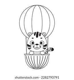 Coloring page cute little tiger flying on hot air balloon. Coloring book for kids. Educational activity for preschool years kids and toddlers with cute animal. Vector stock illustration