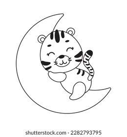 Coloring page cute little tiger sleeping on moon. Coloring book for kids. Educational activity for preschool years kids and toddlers with cute animal. Vector stock illustration