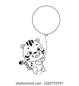 Coloring page cute little tiger flies on balloon. Coloring book for kids. Educational activity for preschool years kids and toddlers with cute animal. Vector stock illustration