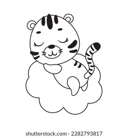 Coloring page cute little tiger sleeping on cloud. Coloring book for kids. Educational activity for preschool years kids and toddlers with cute animal. Vector stock illustration