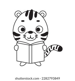 Coloring page cute little tiger reads book. Coloring book for kids. Educational activity for preschool years kids and toddlers with cute animal. Vector stock illustration