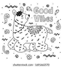 Coloring page with cute llama. Black and white print to practice coloring for kids. Funny alpaca outline background. Vector illustration