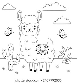 coloring page with cute llama and cactus, black and white background for coloring with alpaca, outline card for kids, flat vector illustration