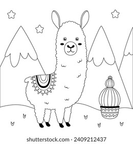 coloring page with cute llama and cactus, black and white background for coloring with alpaca, outline card for kids, flat vector illustration