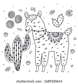 Coloring page with cute llama eating a cactus. Black and white background for coloring with alpaca. Outline card for kids. Vector illustration