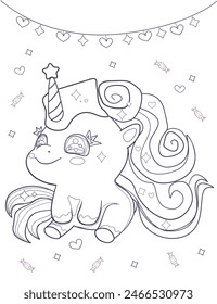 coloring page of cute  a magical rainbow baby unicorn 