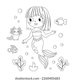 Coloring page with cute mermaid, axolotl and fish. Cute cartoon character. Coloring book for kids. Outline vector illustration.