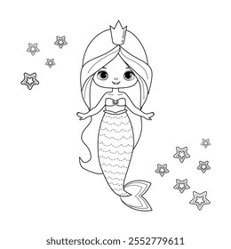 Coloring page. Cute mermaid Coloring book, colouring page. Girl, princess, fairy girl. Outline mermaid. Vector illustration isolated white background. Kids drawing activity. Printable