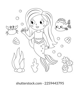 Farbige Seite mit süßer Meerjungfrau, Krabbe und Fisch. Kawaii-Zeichentrickfiguren. Vektorgrafik für das Farbbuch.