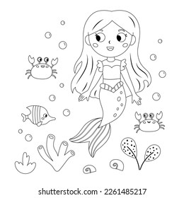 Página de coloreado con sirena, cangrejos y peces adorables. Estilo de caricatura kawaii. Ilustración vectorial en blanco y negro.