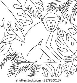 Coloring page with cute monkey and tropical leaves. Hand drawn monkey sitting coloring page for children and adults vector illustration