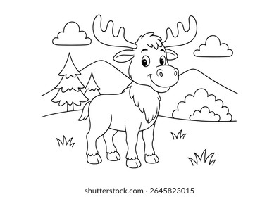 Coloring page of cute moose for kids coloring book