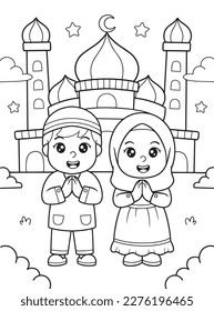 Coloring page of cute moslem boy and gilr in front of mosque for Eid Mubarak