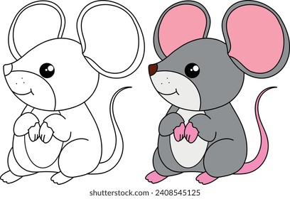 Coloring page cute mouse animals. Vector.