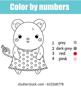 Coloring page with cute mouse character. Color by numbers educational children game, drawing kids activity, printable sheet