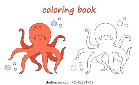 Página para colorear con pulpo lindo, libro para colorear para niños, Ilustración vectorial de pescado