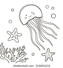 Coloring Page With Cute Octopus And Starfish. Outline Vector Illustration Under The Sea. Black And White Illustration For A Coloring Book.